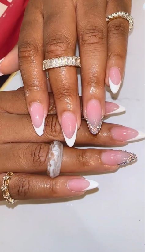 Almond Nails French Tip With Gems, Black French Top With Gems, French Manicure With Gems Rhinestones, Almond Nail Black Women, French Nails On Black Women, Almond Shape French Tip Design, Almond Shape Nails With Rhinestones, High Arch French Tip Nails, French Nail With Gems