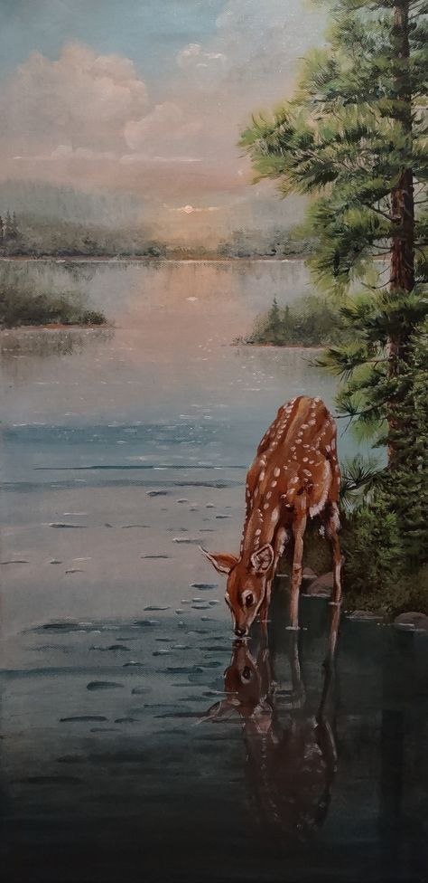 Deer Drinking Water Painting, As The Deer Pants For The Water Art, Psalm 23 Painting, As The Deer Pants For The Water, Deer Drinking Water Drawing, Deer By Water, Deer Drinking Water, Painting Vibes, Psalm 42 1