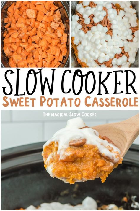 Slow Cooker Sweet Potato Casserole, Sweet Potato Casserole Crock Pot, Crock Pot Sweet Potatoes, Sweet Potatoes With Marshmallows, Slow Cooker Sweet Potatoes, Cubed Sweet Potatoes, Sweet Potato Recipes Casserole, Sweet Potato And Apple, Crock Pot Slow Cooker