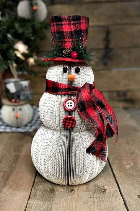 Using Pages From Old Books, Folded Book Christmas Tree Diy, Snowman Made From Old Books, Recycled Book Mushroom Diy, Christmas Folded Book Art, Book Page Angel Diy, Things To Make Out Of Old Books, Book Page Snowman, Book Snowman Diy