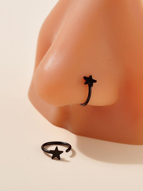 Black  Collar  Stainless Steel  Nose Ring Embellished   Women's Fashion Jewelry Black Nose Jewelry, Emo Nose Piercing, Alt Nose Piercing, Nose Peicerings, Cool Nose Rings, Black Nose Piercing, Star Nose Piercing, Peircings Women, Facial Jewelry