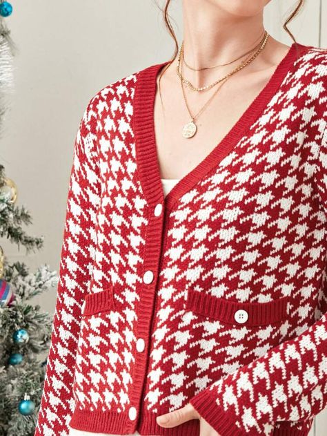 Button Front Houndstooth Cardigan | SHEIN USA Houndstooth Cardigan, Glad Rags, Red Cardigan, Winter Tops, Knitwear Cardigan, Shein Style, Winter Wear, Crochet Clothes