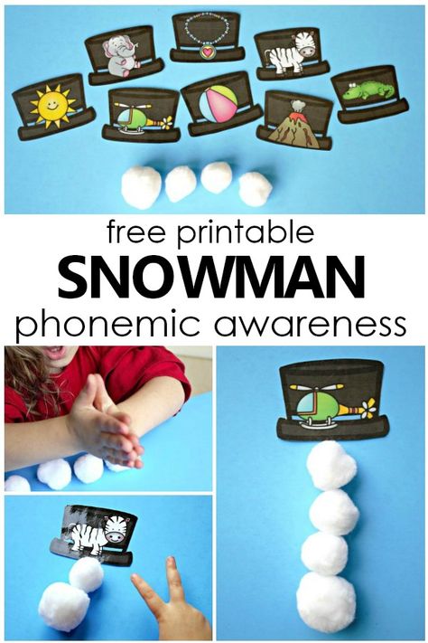 Use this free printable build a snowman phonemic awareness activity to help preschool and kindergarten students learn how to segment syllables and phonemes. Syllable Sort Freebie, Preschool Syllables Activities, Haggerty Phonemic Awareness Preschool, Free Phonemic Awareness Printables, Christmas Syllable Activities, Syllable Games Kindergarten, Syllable Activities Kindergarten, Segmenting Words Kindergarten, Syllable Activities Preschool