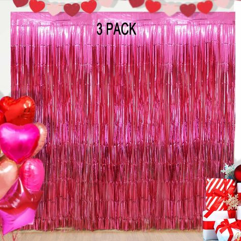 Pink Birthday Party Backdrop, Hot Pink And Rose Gold Party, Hot Pink Party Decor, Pink Fringe Backdrop, Hot Pink Birthday Party, Pink Birthday Party Decorations, Tinsel Curtain, Birthday 13, Hot Pink Birthday