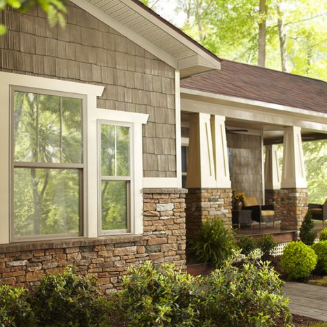 Brown Siding And Stone Exterior, Partial Stone House Exterior, Stone Veneer Exterior, Exterior House Siding, Exterior House Colors With Stone, Shake Siding, House Paint Color Combination, Siding Options, Exterior House Paint Color Combinations