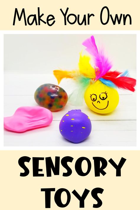 Four sensory toys are shown made out of balloons and filled with different materials. How To Make Sensory Toys, Sensory Fidget Toys, Make Fidget Toys, Homemade Sensory Toys, Toys Topic, Diy Sensory Toys, Sensory Balls, Sensory Toys For Kids, Diy Fidget Toys