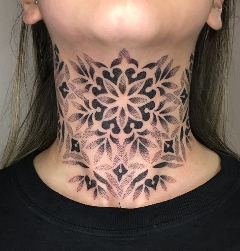 Full Back Tattoo Women Cover Up, Mandela Neck Tattoos Women, Neck Tattoos Women Color, Girly Throat Tattoo, Neck Tattoos Women Mandala, Throat Mandala Tattoo, Dot Work Neck Tattoo, Ornamental Throat Tattoo, Middle Of Neck Tattoo