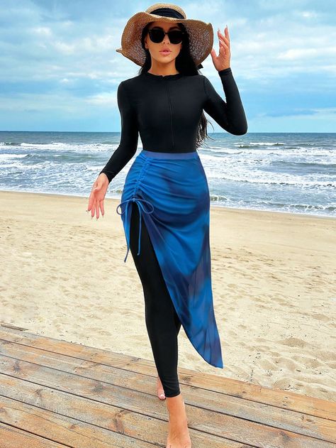 Royal Blue Boho Collar   Colorblock  Embellished High Stretch  Women Clothing Hijabi Swimsuit, Hijabi Swimming Outfit, Modest Beach Outfits Women, Outfits For Swimming, Summer Modest Outfits Casual, Modest Beach Wear, Swimsuit Hijab, Hijabi Beach Outfit, Burkini Hijab