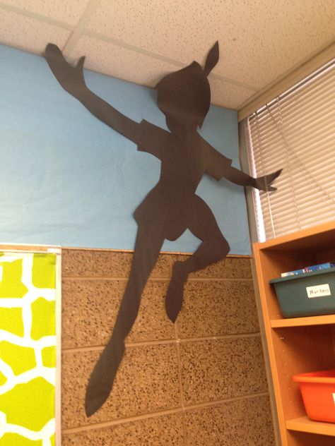 Peter Pan's shadow #Peterpan #classroom Peter Pan Preschool Activities, Peter Pan Classroom Door, Disney Preschool Classroom Decor, Disney School Theme Ideas, Disney Classroom Theme Preschool Ideas, Neverland Classroom Theme, Peter Pan Decorations Classroom, Peter Pan Themed Classroom, Disney Library Theme