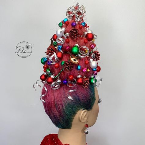 Fun Christmas Hair Ideas, Christmas Hair Updo, Christmas Crazy Hair, Christmas Mannequin Head, Who From Whoville Costume, Christmas Updos, Christmas Updo, Christmas Party Outfit Inspiration, Crazy Christmas Hairstyles