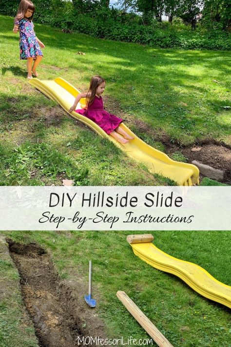 Slide In Hillside, Sloped Play Area, Slide Down Hill In Backyard, In Ground Slide, Backyard Slide On Hill, Build Slide Into Hill, Slide In Ground, Diy Backyard Slide On Hill, Outdoor Slide Ideas