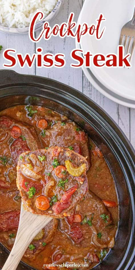 Slow cooker swiss steak is an easy recipe for an old fashioned favorite. This is comfort food at its best - inexpensive, filling, and deliciously reminiscent of your grandmother's kitchen. Freezes well. Crockpot Swiss Steak, Swiss Steak Crockpot, Slow Cooker Swiss Steak, Swiss Steak Recipes, Restless Chipotle, Crockpot Steak, Cube Steak Recipes, Swiss Steak, Crockpot Dinners