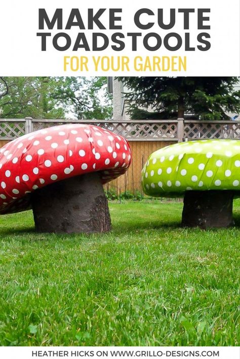 Learn how to make these super cute DIY garden stools using tree trunks and tyres! They look just like mushroom toadstools and are perfect for little bums! Tire Garden, Jardim Diy, Outdoor Play Areas, Garden Mushrooms, Sensory Garden, Tyres Recycle, Old Tires, School Garden, Tree Trunks