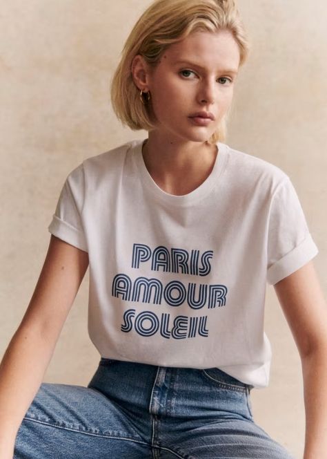 Paris Amour Soleil Tshirt - White / Blue - Organic cotton - organic textile - Sézane T Shirt Trends 2024, Street Style Parisian, Trending Tshirts, Creative Fashion, Parisian Style, White Tshirt, Paris Fashion, White Blue, Outfit Ideas