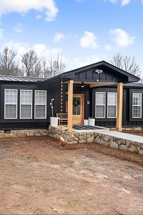 Double Wide Exterior Ideas, Black Exterior Mobile Home, Update Mobile Home Exterior, Black Manufactured Home, Manufactured Home Exterior Makeover, Black Manufactured Home Exterior, Painted Mobile Home Exterior, Mobile Home Decks And Porches Single Wide, Manufactured Home Exterior Colors