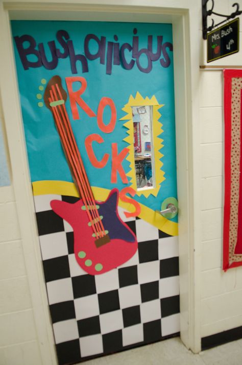 Rock N Roll Classroom Door, Music Themed Classroom Door, Rock And Roll Door Decorations, Disco Theme Classroom Door, Rock And Roll Classroom Door, Rock N Roll School Theme, Rock And Roll School Theme, Riverside Door, Rock And Roll Classroom