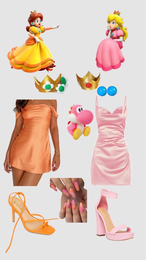 #peach #daisy #mario #nintendo #halloween Princes Peach And Daisy Costume, Princes Peach Costumes, Daisy Halloween Costume Mario, Daisy And Minnie Costumes, Peach And Daisy Halloween Costume, Mario Cart Charters Costumes, Princess Peach And Daisy Halloween, Luigi And Daisy Costume, Daisy Mario Costume