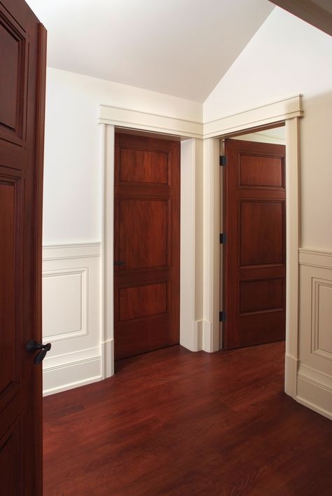 Custom 3 panel Mahogany interior door with craftsman style painted door casing and cherry hardwood floor. Craftsman Style Interior Doors, Door And Trim Paint, Home Depot Doors, Craftsman Interior Doors, Craftsman Style Interior, Mahogany Doors Interior, Pintu Interior, Craftsman Style Doors, Mahogany Flooring