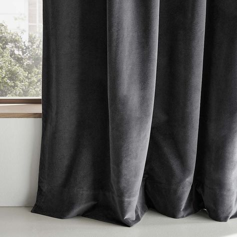 Velvet Curtains & Drapery with Velvet | Crate & Barrel Grey Curtains Bedroom, Grey Velvet Curtains, Dark Grey Curtains, Grey Curtains Living Room, Blue Velvet Curtains, Charcoal Curtains, Theatre Curtains, Grey Drapes, Dark Curtains