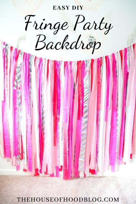 Chelsee from The House of Hood Blog shares her step-by-step tutorial to create a fun fringe party backdrop! This super easy DIY fringe backdrop is perfect for a photo booth or as a festive and colorful touch to your parties! Ours is Valentine's Day themed, but you can use any color you want! #fringegarland #fringebackdrop #diyfringebackdrop #diy #valentinesday #valentines #valentinesparty Diy Fringe Backdrop, Valentine Photo Backdrop, Valentines Photo Booth, Diy Streamers, Diy Fringe, Shaped Pizza, Valentine Backdrop, Heart Shaped Pizza, Streamer Backdrop