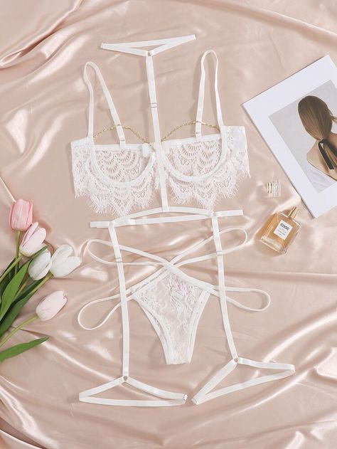 Free Returns ✓ Free Shipping On Orders $49+ ✓. Eyelash Lace Cut-out Underwire Garter Lingerie Set- Women Sexy Lingerie at SHEIN. Simple Lingerie, Bridal Lingerie Honeymoon, Women Nightwear Dresses, Bridal Intimates, Lingerie Instagram, Bridal Lingerie Set, White Lingerie Set, White Lace Lingerie, Lace Lingerie Set