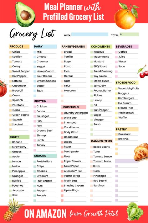 This is a grocery list page from a meal planner on amazon. Rice Salad Dressing, Family Grocery List, Meal Prep Grocery List, Budget Grocery List, Month At A Glance, Kitchen Staples, Paleo Recipes Breakfast, Grocery Savings, Sausage Dishes