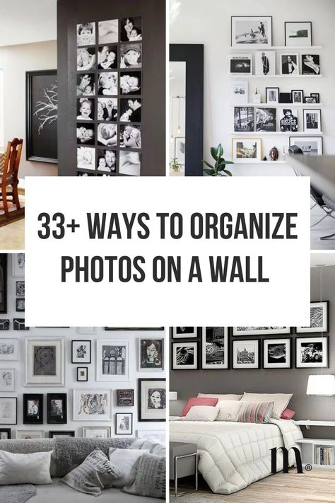 25+ Creative Ways To Organize Photos On A Wall | Momooze.com How To Set Up Pictures On The Wall, Photo Patterns On Wall, Photo Wall Placement Layout, How To Display A Lot Of Photos, Organizing Pictures On Wall, Shelf Gallery Wall Display, Vertical Photo Wall, Wall Of Photos Ideas, Chic Photo Wall