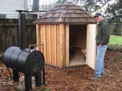 My friends have been using their homemade outdoor wood fired steam saunas for decades. I finally decided to build my own sauna based on their design. Of Diy Sauna Outdoor How To Build, Sauna Pictures, Sauna Wood Stove, Sauna Plans, Homemade Sauna, Backyard Sauna, Homemade Outdoor Furniture, Sauna Stove, Sauna Ideas