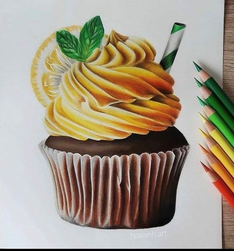 Pencil Colour Painting, Colored Pencil Artwork Ideas, Cake Sketch, Lemon Cupcake, Colored Pencil Art Projects, Desserts Drawing, Pencil Inspiration, Realistic Cakes, Pencil Drawings Of Flowers