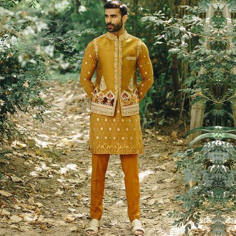 Is Mustard The New Hit Colour For Grooms? Kurta Designs For Men, Mohsin Naveed Ranjha, Men Sherwani, Wedding Kurta For Men, Wedding Dresses Men Indian, Mens Sherwani, Gents Kurta, Kurta Men, Raw Silk Fabric