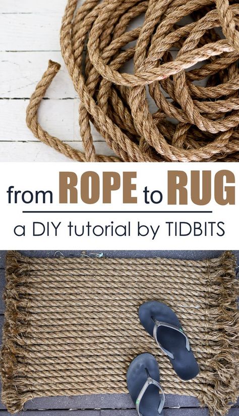 How to turn rope into a beautiful rug | a DIY tutorial by TIDBITS Diy Rope Design, Diy Nautical Decor, Dekorasi Bohemia, Dekoratívne Vence, Rope Rug, Rope Projects, Nautical Diy, Rope Diy, Rope Crafts Diy