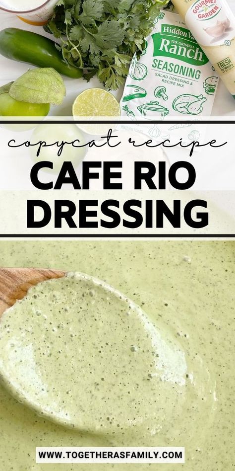 The best Cafe Rio Dressing is a copycat recipe from the popular Mexian food restaurant. A creamy dressing with tomatillos, ranch seasoning, cilantro, jalapeño, mayonnaise, and buttermilk. This tastes exactly like the real thing and you'll be drizzling it over everything! Cilantro Ranch Dressing Recipe, Cafe Rio Dressing, Cafe Rio Recipes, Cilantro Ranch Dressing, Creamy Cilantro Dressing, Cafe Rio, Best Cafe, Sweet Pork, Cilantro Dressing