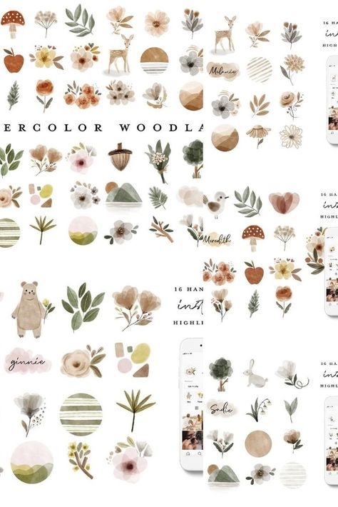 64 Watercolor Instagram Highlight Blog Branding Kit, Woodland Clipart, Boho Instagram, Kelly Smith, Cupcake Logo, Watercolor Woodland, Paint Icon, Watercolor Circles, Watercolor Logo