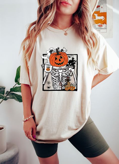 Summer Suit Women, Humble Hustle, Sweater Designs, Coffee Graphic Tee, Happy Halloween Shirt, Skeleton Pumpkin, Pumpkin Spice Shirt, Autumn Clothing, Pumpkin Sweatshirts