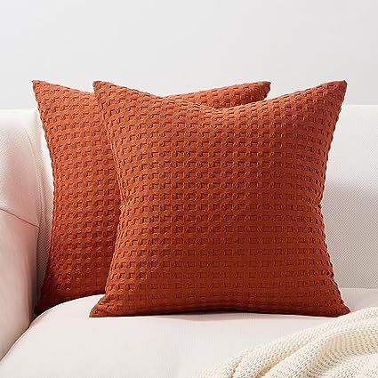 Amazon.com: Topfinel Bunrt Orange Square Throw Pillow Covers 18x18,Terracotta Waffle Weave Textured Cotton Cozy Pillows Set of 2, Rust Autumn Fall Rustic Boho Cushion Cases for Bed Couch Sofa Chair and Car : Home & Kitchen Modern Boho Home Decor, Neutral Throw, Fall Pillow, Modern Farmhouse Home Decor, Fall Pillow Cover, Modern Farmhouse Home, Boho Throw Pillows, Living Room Couch, Fall Pillows