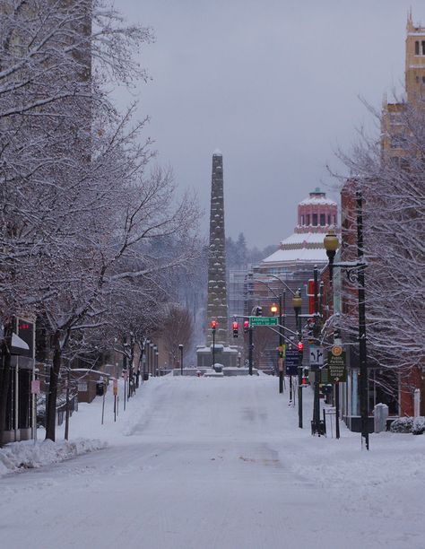 Patton Avenue after a snowy night in downtown Asheville NC Asheville Aesthetic, Parking Tips, Broken Lyrics, Seasonal Aesthetic, Downtown Asheville Nc, Snow Photos, Smokey Mountain, Carolina Mountains, Snowy Night