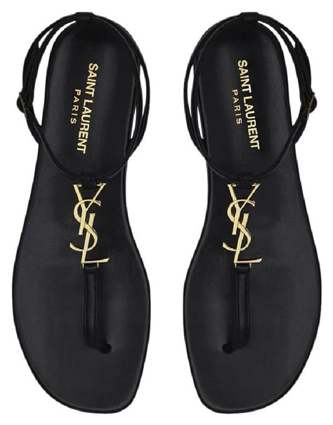 Saint Laurent Ysl Logo Flat Black Sandals Luxury Sandals Women, Flat Black Sandals, Saint Laurent Sandals, Kasut Wanita, Shoes Heels Classy, Fashion Shoes Sandals, Pakaian Feminin, Fashion Shoes Flats, Ysl Shoes