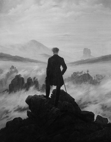 Caspar-David-Friedrich,-Wanderer-Above-the-Sea-of-Fog,-1818-(Grayscale) Sea Of Fog, David Friedrich, Rennaissance Art, Caspar David Friedrich, Art Classique, Foto Art, Jackson Pollock, Caravaggio, Landscape Artist