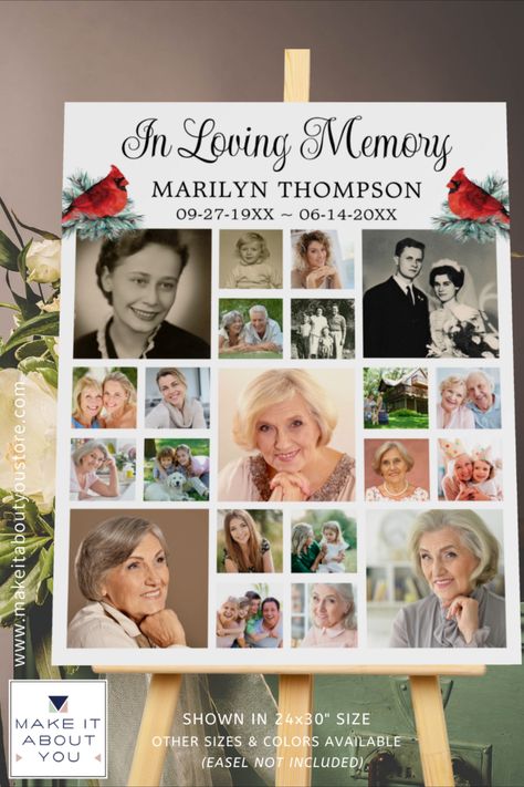 Create a photo memory foam board display of your lost loved one utilizing this easy-to-upload photo collage template with 21 square pictures for at a funeral memorial service, visitation or Celebration of Life event. The design features watercolor red cardinal birds on an evergreen pine tree branch. All text, font styles and colors can be changed. The sample shows elegant calligraphy typography for the editable title IN LOVING MEMORY you can change to FOREVER IN OUR HEARTS or your custom title. In Loving Memory Poster Board Ideas, Memory Boards For Funerals Ideas, Memorial Board, Pine Tree Branch, Memory Boards, Square Pictures, Memorial Table, Quote Collage, When Someone Dies