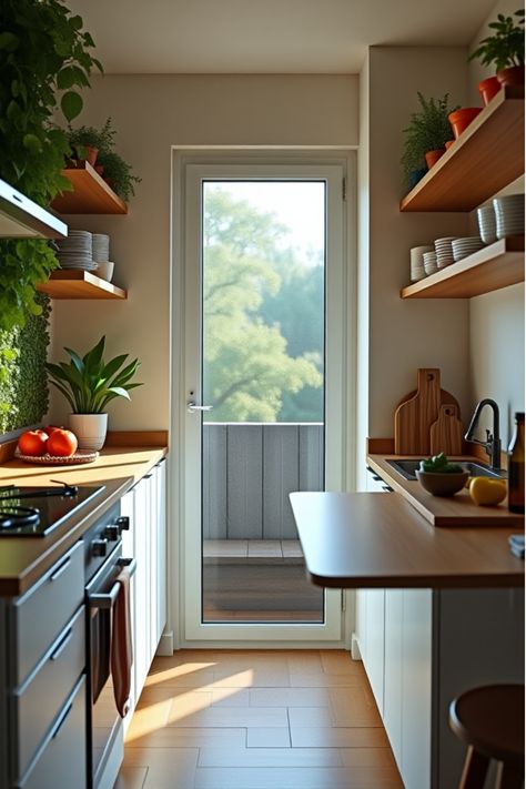 Galley kitchen with vertical herb garden Galley Kitchen Decor, Small Kitchen Hacks, Petite Kitchen, Small Galley Kitchen, Slim Bookcase, Grow Herbs, Cook More, Vertical Herb Garden, Small Kitchen Organization