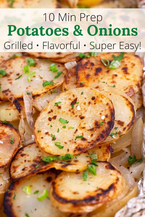 This Grilled Potatoes in Foil Recipe is the ultimate summer side dish! With just 10 minutes of prep, these potato packets filled with thinly sliced potatoes, onions, and seasonings are ready to toss over the fire. Plus, it's super easy to tweak based on whatever you’ve got in the kitchen. Whether you’re camping or having a backyard BBQ, this flexible recipe guarantees a tasty and budget-friendly addition to your meal! Trager Grill Potato Recipes, Sliced Potatoes On The Grill, Grilled Potatoes And Onions In Foil, Potato Recipes Grill, Bbq Potatoes In Foil, Potatoes On The Grill In Foil, Potatoes On Bbq, Potato On Grill, Summer Potato Recipes