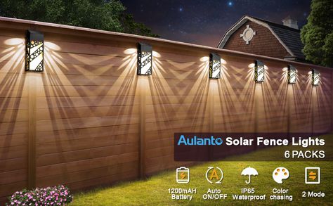 Solar Lights For Fence Backyards, Backyard Lights On Fence, Fencing Lighting Ideas, Backyard Solar Lighting Ideas Fence, Pool Fence Lighting Ideas, Fence Lights Ideas, Garden Fence Lights, Fence Lights Backyard, Vinyl Fence Lighting Ideas