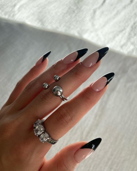 black french tips on medium almond shape nails Stiletto Black French Tip Nails, Black French Tip Nails Stiletto, Black Frenchies, Black French Tip Nails, Black French Tip, Black Stiletto Nails, Black French Tips, Black French, Tip Nails