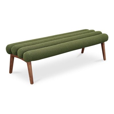 Inspired by the playful forms of the 70s, the Arlo bench is playful in form and muted in color, with walnut-toned legs giving a nod to mid-century modern. Comprised of a series of 5" diameter tubular forms, the bench's rounded ends provide a point of difference to more common plush channel detailing, while a textured boucle performance fabric finishes off the piece. Moe's Home Collection Upholstery Color: Green Moe's Home Collection ARLO BENCH PERFORMANCE FABRIC DARK - Benches in Green | Size 17 Fabric Finishes, Green Bench, Apartment Size Furniture, Upholstered Bench Seat, Mid Century Bench, Mid Century Modern Bench, Contemporary Bench, Toned Legs, Indoor Bench