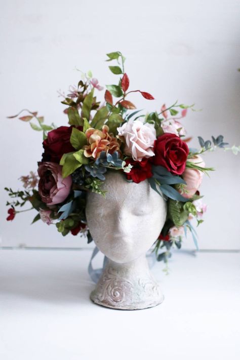 Woodland Costumes, Big Flower Crown, Burgundy Crown, Wedding Peony, Silk Flower Crown, Woodland Crown, Wedding Woodland, Magical Woodland, Floral Headdress