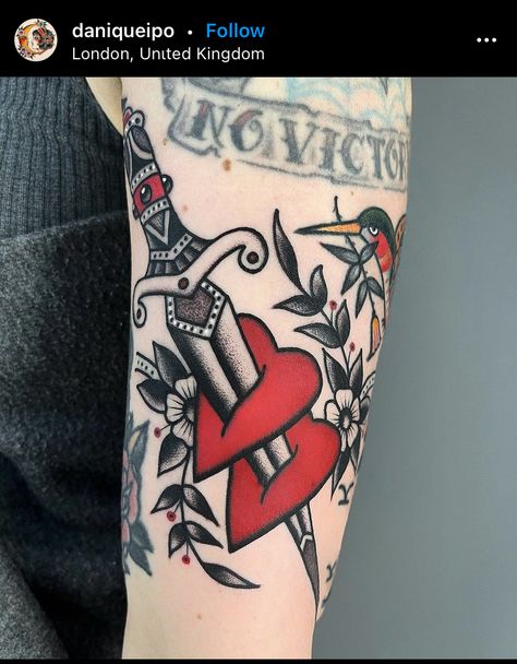 Love American Traditional Tattoo, Red And Black American Traditional, Red And Black Traditional Tattoo, Trad Dagger Tattoo, Black And Red Traditional Tattoo, Red Traditional Tattoo, Knife Through Heart Tattoo, American Traditional Forearm Tattoo, Dagger Through Heart Tattoo