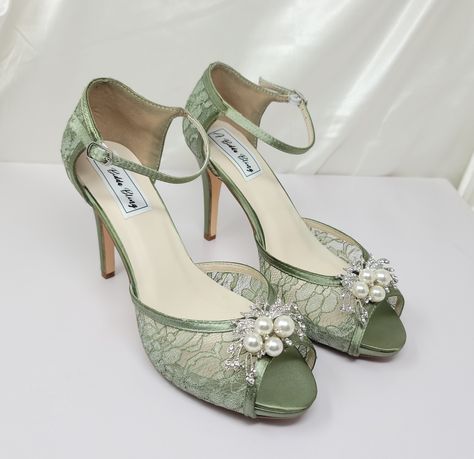 "Sage Green Lace Wedding Shoes. Lace Bridal shoes available in over 100 additional colors, including white and ivory.  We can also color match a sample you send us.  The shoes in the listing have been dyed Sage Green.  If you would like another color from my chart, a designer color or sending me a swatch, please pick from the dye color drop down menu and then let me know the color you would like in the \"note to seller\" area you will find during checkout. These beautiful satin and lace wedding Enchanted Forest Wedding Shoes, Sage Green Wedding Heels, Enchanted Forest Shoes, Sage Green Heels Prom, Forest Wedding Shoes, Whimsical Heels, Green Wedding Heels, Sage Heels, Sage Green Quinceanera Theme