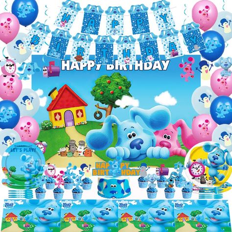 PRICES MAY VARY. 【Package Including】1 backdrop, 1 piece of happy birthday banner, 1 tablecloth, 6 pieces of hanging swirl, 15 balloons, 1 cake topper and 24 small cupcake toppers, 10 plates(7in), 10 plates(9in), 10 knives, 10 forks, 10 spoons to make the party an unforgettable moment for your family and friends. 【Cute Design】This blues clues party kit is composed of the characters blues cles and his friends. The overall design is very suitable for the blues clues party atmosphere. They can make Blues Clues Backdrop, Blues Clues Birthday Party, Blues Clues Party Supplies, 15 Balloons, Blues Clues Birthday, Blue's Clues Birthday Party, Clue Party, Blue Birthday Parties, 2nd Birthday Party Themes