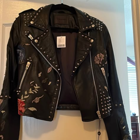 Leather Bling Jacket With Amazing Embroidery On Back!! Very Stylish! Embroidery On Leather Jacket, Embellished Leather Jacket, Punk Battle Jacket, Rock Denim Jacket, Jacket With Pins, Blank Nyc Leather Jacket, Blanknyc Suede Moto Jacket, Bling Jacket, Edgy Leather Jacket