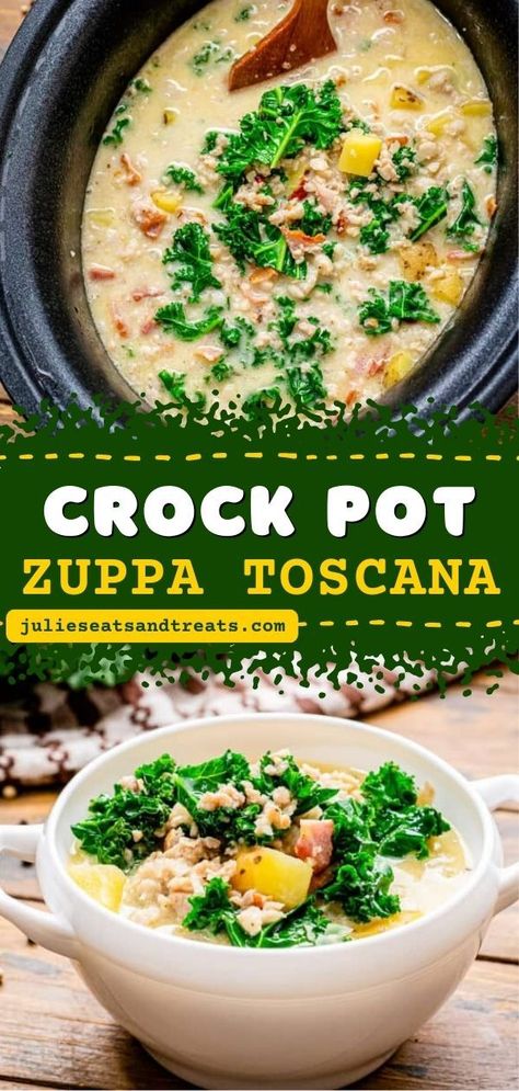 This Zuppa Toscana is a delicious crockpot meal that's creamy and loaded with sausage, potatoes, and kale! This Olive Garden copycat is also a great weeknight dinner recipe for the family. Pin this slow cooker recipe! Spicy Sausage Soup, Crockpot Zuppa Toscana, Crockpot Sausage And Potatoes, Kale Potato Soup, Potatoes And Kale, Sausage Potato Soup, Olive Garden Copycat, Zuppa Toscana Soup, Crockpot Meal